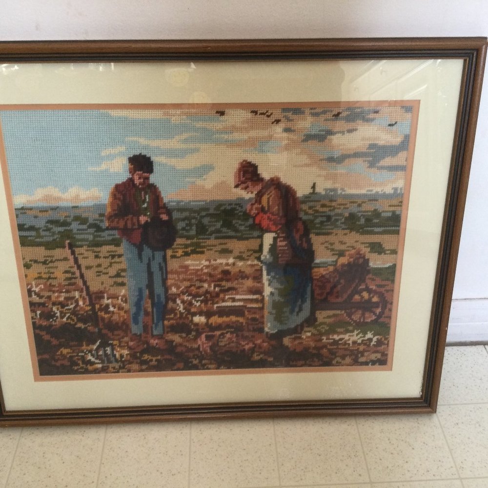 Vintage Embroidery yarn art hand embroidered wood frame farm scene 24" x 20"